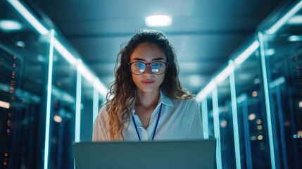 A focused woman works on a laptop in a high-tech data center, illuminated by blue light, showcasing a blend of technology and concentration.