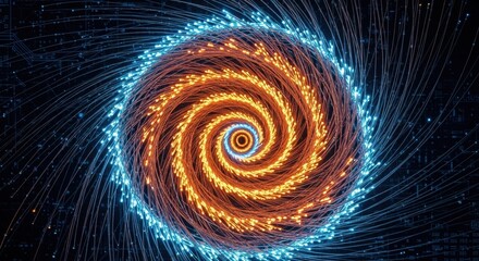 Abstract glowing spiral vortex with orange and blue light particles creating a dynamic energy flow.