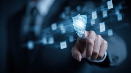 A business professional interacts with digital security elements, highlighting cybersecurity and data protection in a modern, technological environment.