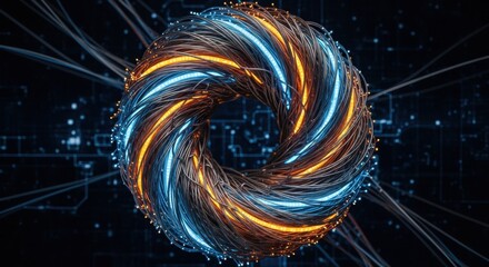 Abstract digital art of a glowing, swirling, and intricate network of wires and light.