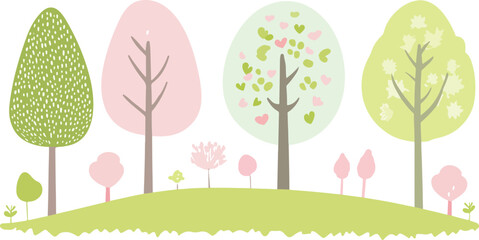 A vibrant set of Easter eggs rests in the grass of a cheerful spring meadow with flowers under a bright sky