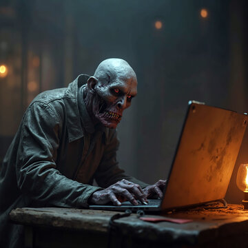 Funny death man with computer
