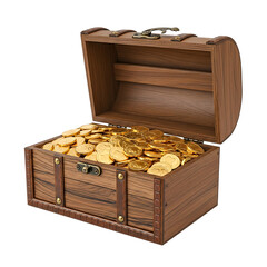Wooden Treasure Chest, Overflowing with Golden Coins, isolated on white or transparent background. PNG