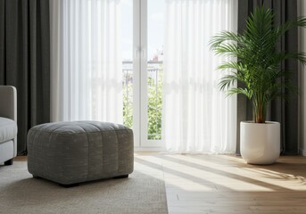 Interior space features natural light illuminating a cushioned footrest and potted palm beside sheer window coverings