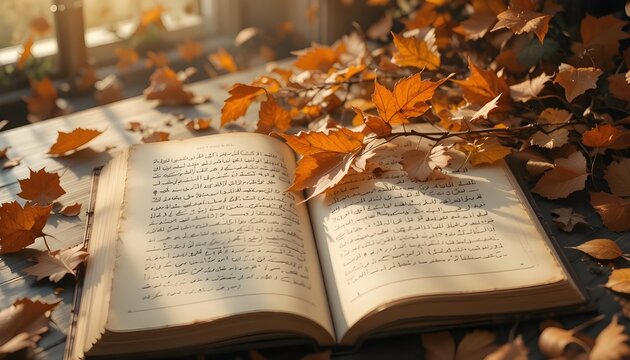  autumn leaves swirling over an open Urdu diary, golden hour sunlight, textured paper, emotional ambience, dreamy watercolor style