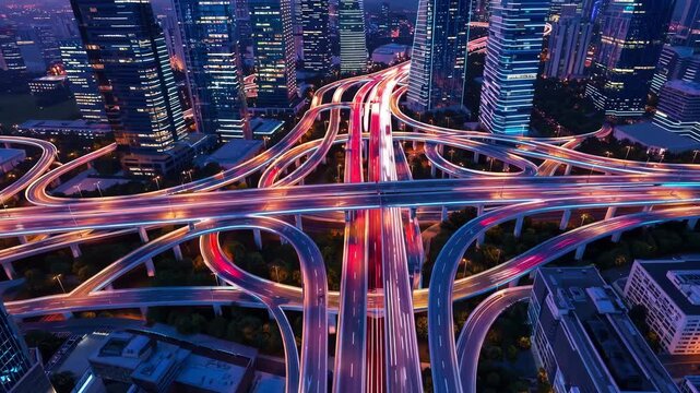 City skyline illuminated at dusk with busy highways and tall buildings
