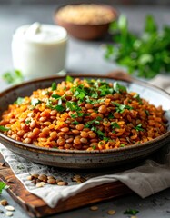 Close Up View of Lentils Dish with Fresh Herbs on a Wooden Board with Blurred Background and Natural Light