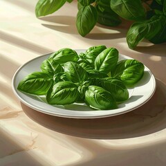 Fresh Basil Leaves Arranged on a White Plate on a Marble Table with Natural Lighting