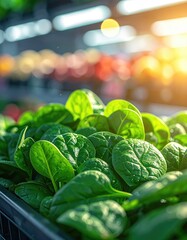 Close Up of Fresh Green Spinach Leaves in Black Tray with Sunlight and Blurred Background