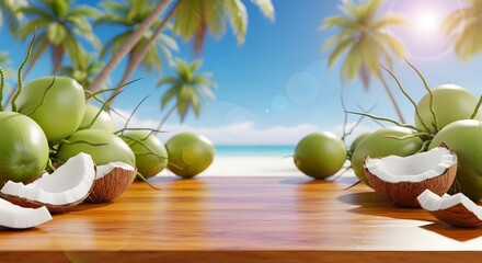 Fresh green coconuts and split old coconuts on a wooden table with tropical beach and coconut trees in a sunny day