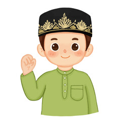 Cute Muslim boy in green traditional attire and songkok cap waving a friendly greeting for Eid al-Fitr celebration