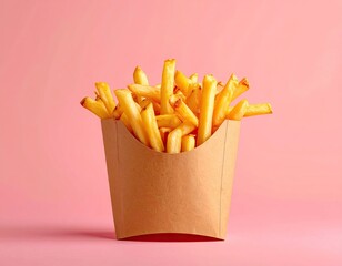 Golden French Fries in Cardboard Container on Pink Background with Overhead Lighting