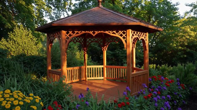 Beautiful wooden gazebo surrounded by colorful flowers in a serene garden setting during golden hour