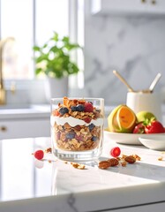 Breakfast parfait with granola berries and yogurt in a clear glass on a white marble countertop with sunlight