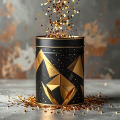 Black Cylinder Container with Gold Geometric Design and Golden Confetti with Gray Textured Background Studio Shot