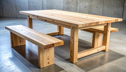 Wooden Table And Bench Set With Textured Surface In A Concrete Industrial Space