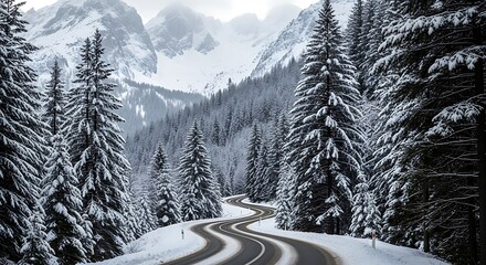 Winter Road Through Snowy Mountain Forest Landscape.