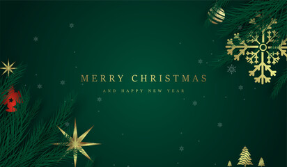 Elegant Merry Christmas Banner Template and The Christmas banner featuring a dark green background. Vector Illustration Design