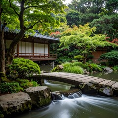 Tranquil Japanese Garden Scene Featuring Wooden Bridge and Pagoda with Lush Greenery