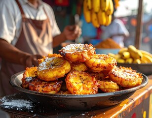 Close Up Shot Of Fried Banana Dessert with Sugar Dust on a Plate at a Street Food Stall