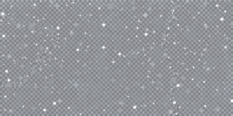 Realistic falling snow overlay on a transparent checkered background for winter graphics and design