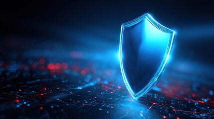 A glowing shield symbolizing digital security against a backdrop of abstract technology.