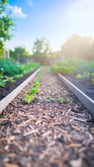 Sunlit Garden Path - A Serene View of Raised Garden Beds.