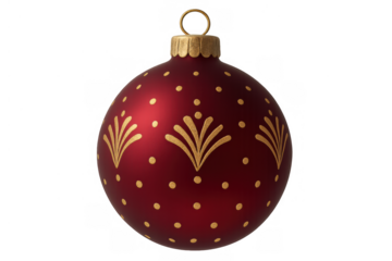 Red christmas ornament hanging, featuring elegant gold pattern design, holiday season tradition, transparent background
