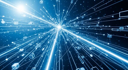 Abstract blue digital network with glowing lines and cubes