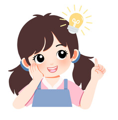 Illustration of a cute cartoon girl with pigtails having a great idea, symbolized by a glowing lightbulb above her head