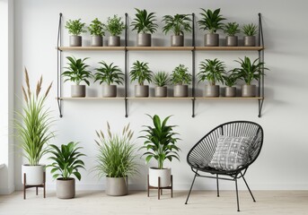 Fototapeta premium Numerous potted greenery arrangements adorn light interior wall space above modern seating