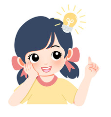 Cute cartoon girl with a bright idea glowing above her head, a symbol of inspiration and innovation