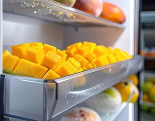Close Up View of Freshly Cut Mangoes in Refrigerator with Cool Tones