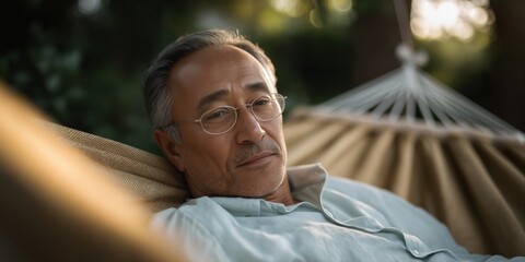 Asian mature man relaxing in hammock outdoors on a peaceful day