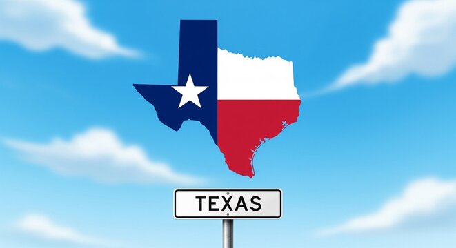 Texas state shape in flag colors against blue sky