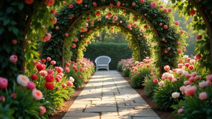 Fototapeta premium Stone pathway leading through rose covered archway to cushioned bench amid pink tulips in sunlight, concept of garden romance, wedding venue, spring retreat