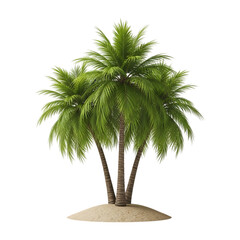 Cluster of three palm trees, with lush green fronds on a sandy mound, isolated on white or transparent background. PNG