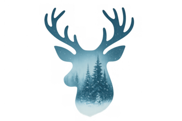 Deer head silhouette with winter forest landscape, snow falling, nature wildlife concept, blue tone, transparent background