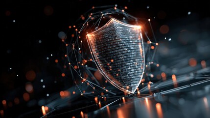 A digital shield symbolizing cybersecurity, featuring glowing lines and binary code against a dark, tech-inspired background.