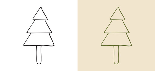 Minimalist sketch-style geometric conifer icon. Clean, layered outline perfect for modern winter holiday designs, festive symbols, and clean seasonal decoration graphics.