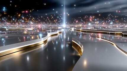 Abstract geometric background featuring glowing dots connected by arrow paths and metallic liquid surfaces, smooth gradient from navy to cyan creating futuristic calm atmosphere and depth