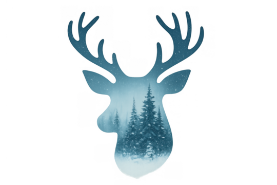 Deer head silhouette with winter forest landscape, snow falling, nature wildlife concept, blue tone, transparent background - Powered by Adobe