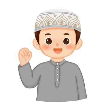 muslim boy greeting, gray shirt, white cap clip art preview