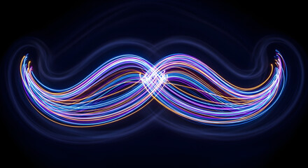 Futuristic neon light painting forming an elegant mustache, a creative and vibrant abstract illustration of style against a dark background
