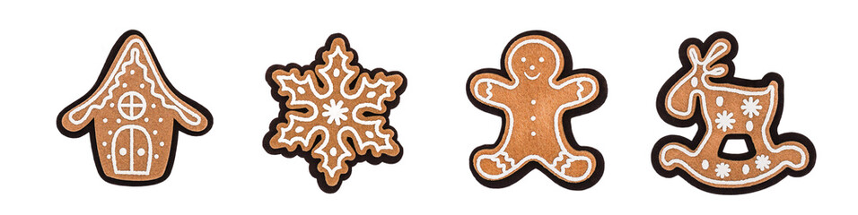Set of traditional gingerbread Christmas cookies isolated on white background.