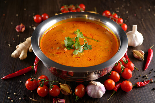 A steaming bowl of vibrant orange soup garnished with fresh cilantro surrounded by fresh ingredients like tomatoes chili peppers garlic and ginger on a dark wooden surface - Powered by Adobe