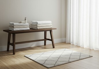 Fototapeta premium Neatly stacked bath linens rest upon a dark wooden bench beside sheer white window coverings