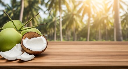 Photography of green coconuts and old coconuts on a wooden table with a tropical coconut tree garden and warm sunset light in the background