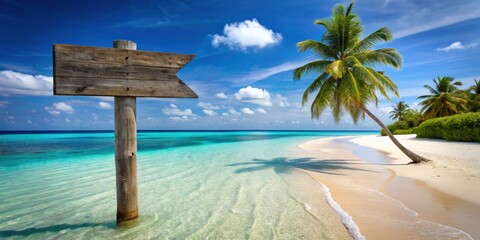 Wooden Signpost on Tropical Beach Paradise  A Blank Rustic Arrow Points to Idyllic Ocean Waters Under a Vivid Blue Sky