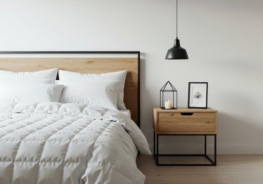 Modern bedroom interior showcases a comfortable bed with white linens beside a wooden nightstand holding decorative elements
